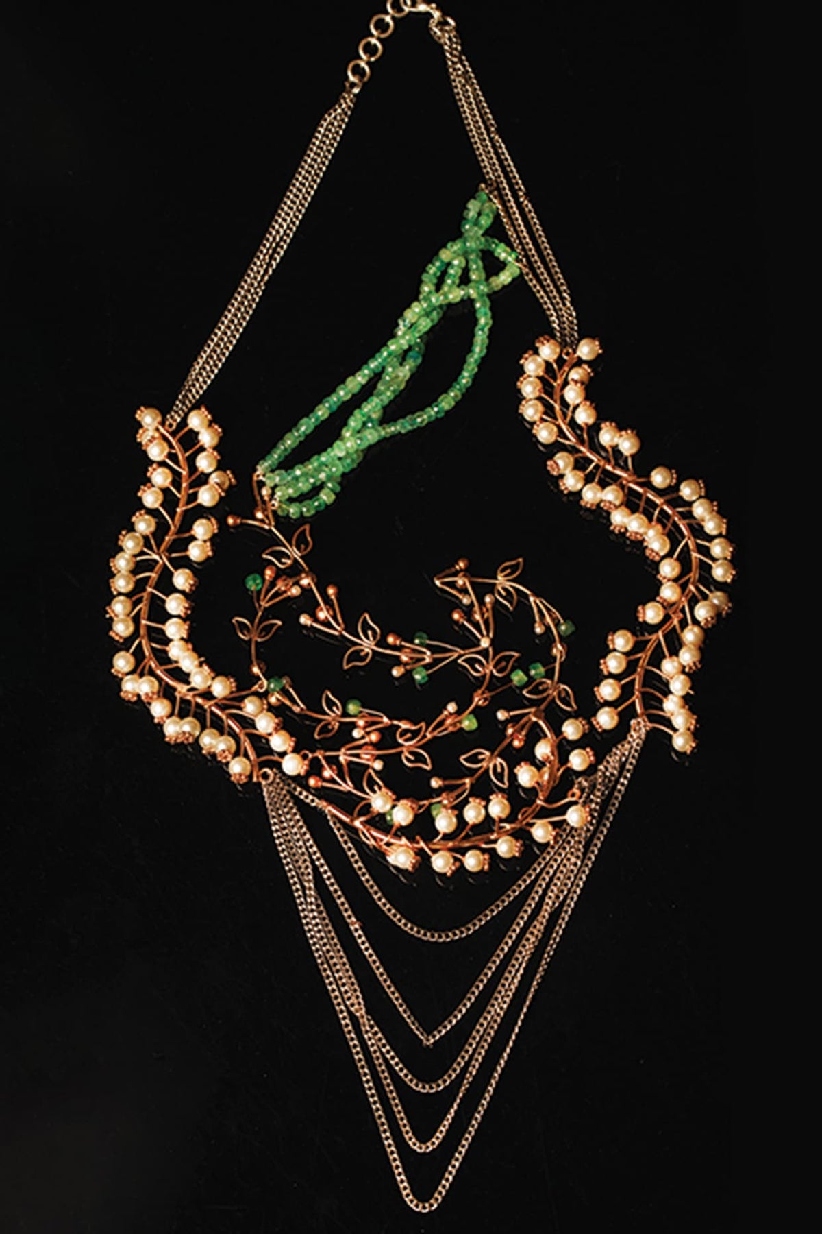 Gold Plated Pearl & Emerald Beaded Layered Necklace
