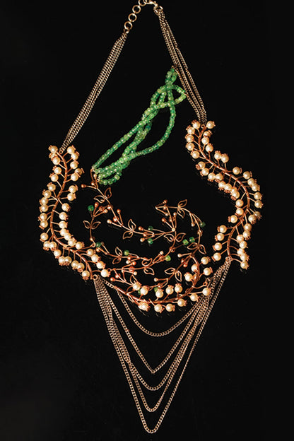 Gold Plated Pearl & Emerald Beaded Layered Necklace