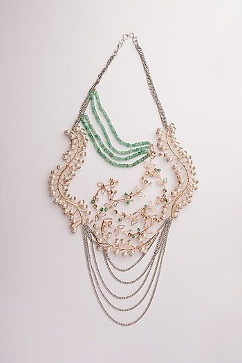 Gold Plated Pearl & Emerald Beaded Layered Necklace