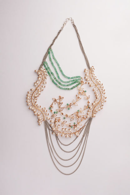 Gold Plated Pearl & Emerald Beaded Layered Necklace