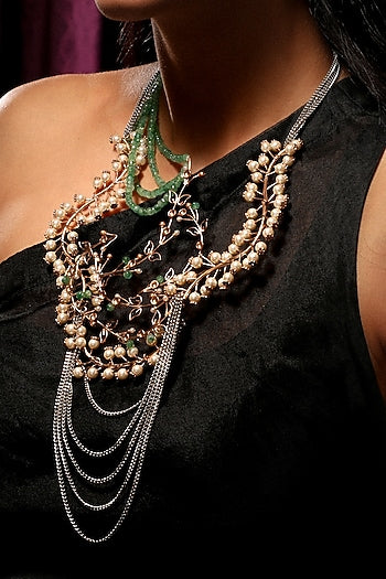 Gold Plated Pearl & Emerald Beaded Layered Necklace