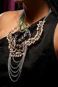 Gold Plated Pearl & Emerald Beaded Layered Necklace