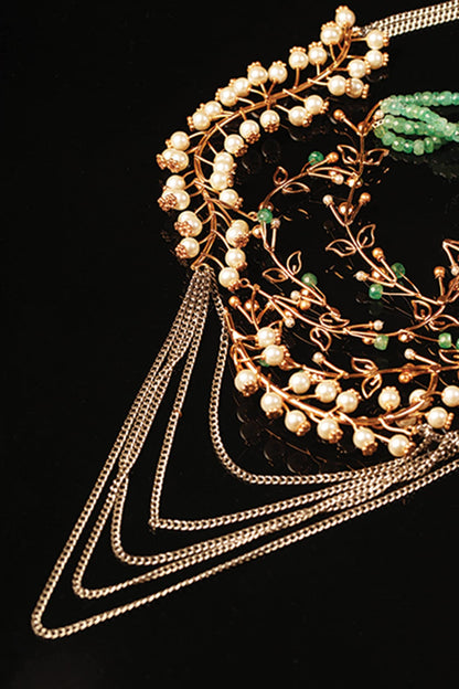 Gold Plated Pearl & Emerald Beaded Layered Necklace