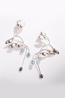 Silver Finish Blue & Green Crystal Dangler Earrings In Sterling Silver