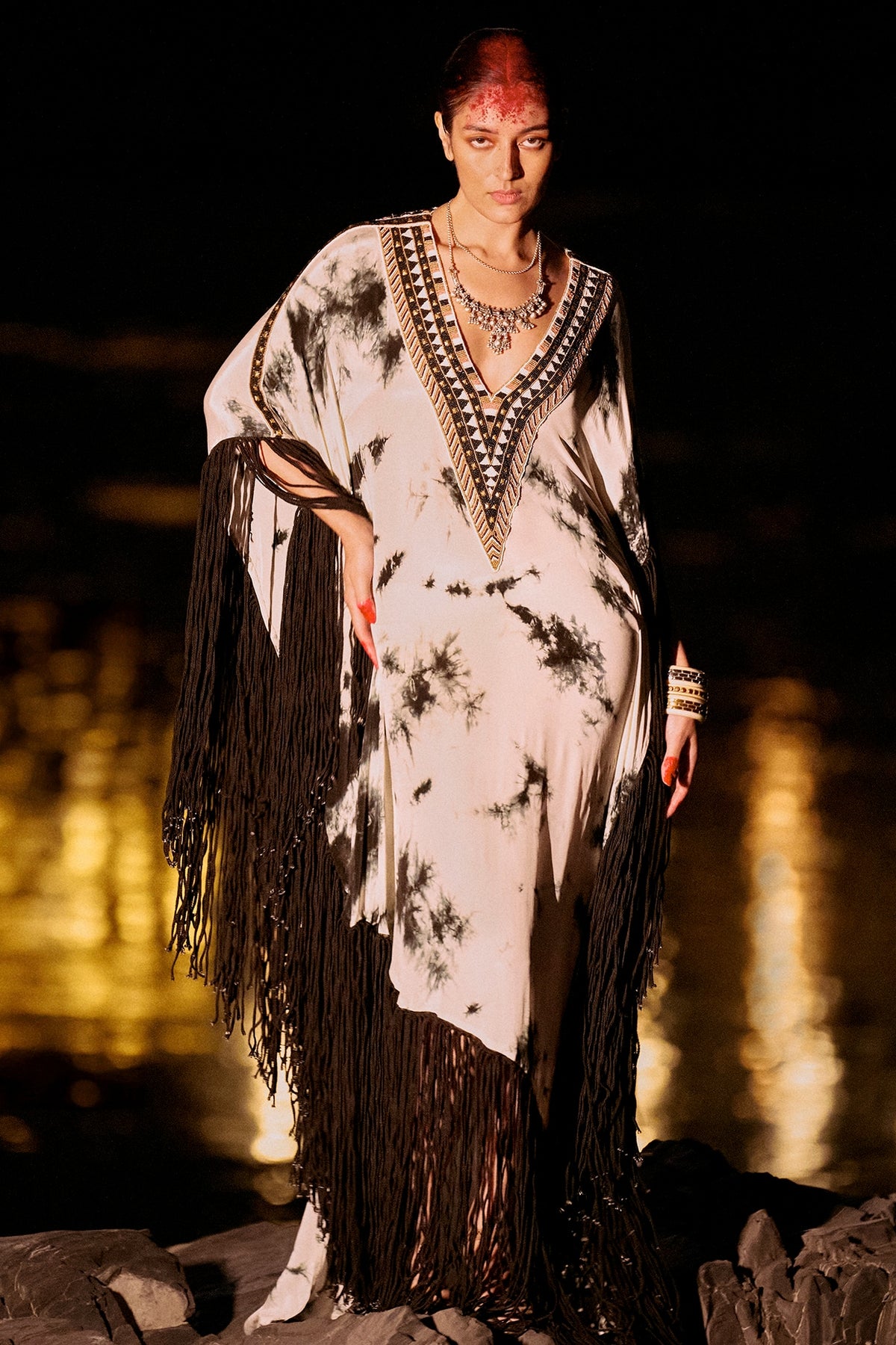 Black & White Pure Crepe Fringed Kaftan