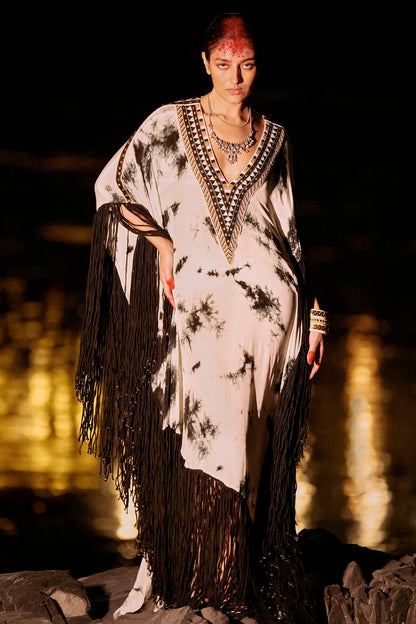 Black & White Pure Crepe Fringed Kaftan