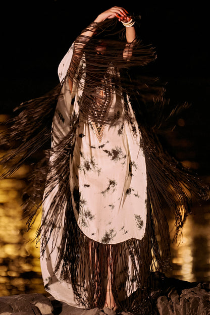Black & White Pure Crepe Fringed Kaftan