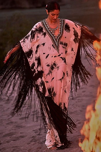 Black & White Pure Crepe Fringed Kaftan