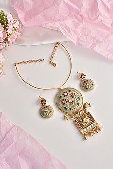 Gold Finish Kundan Polki & Multi-Colored Stone Hasli Necklace Set
