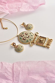 Gold Finish Kundan Polki & Multi-Colored Stone Hasli Necklace Set