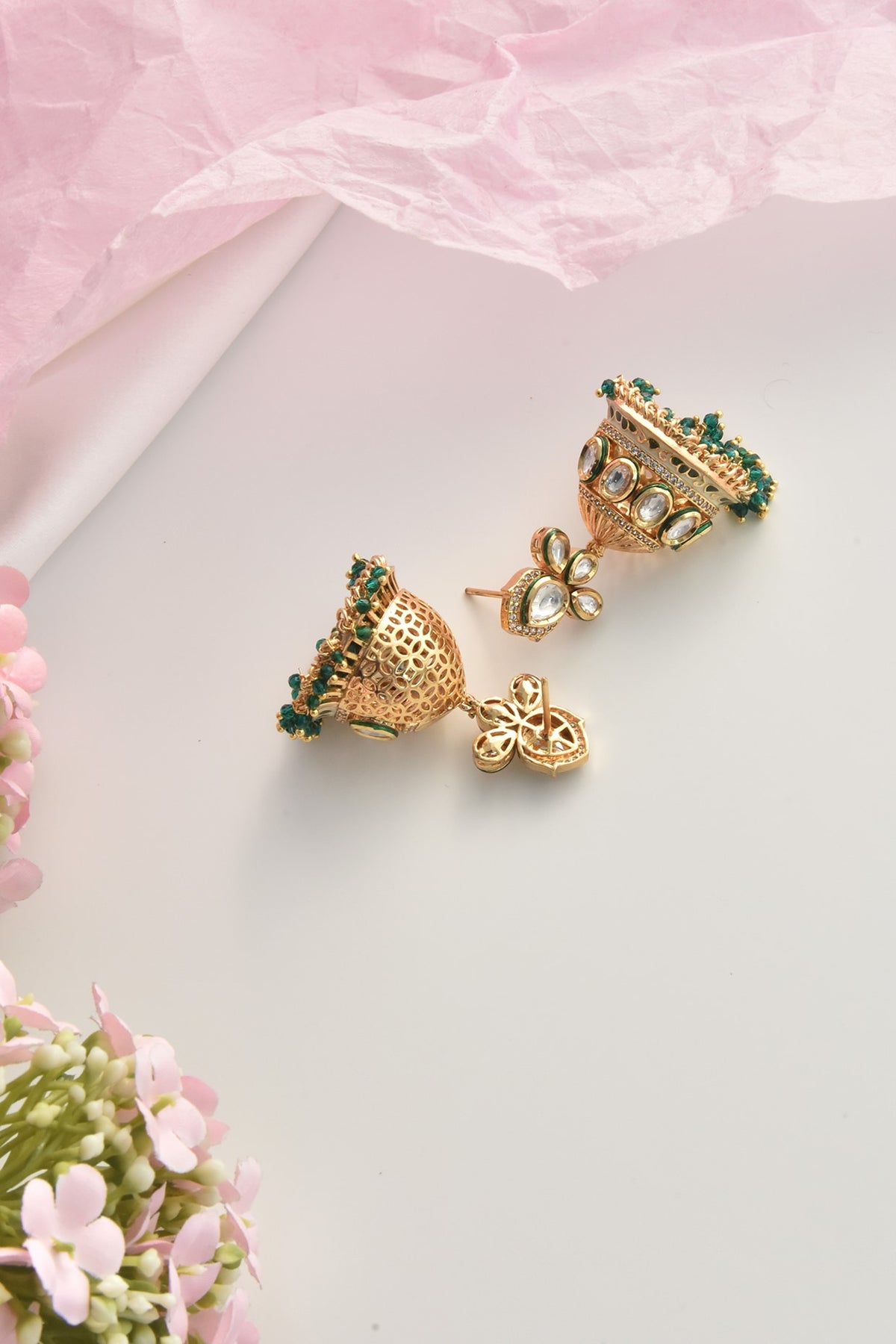 Gold Finish Green Kundan Polki Jhumka Earrings