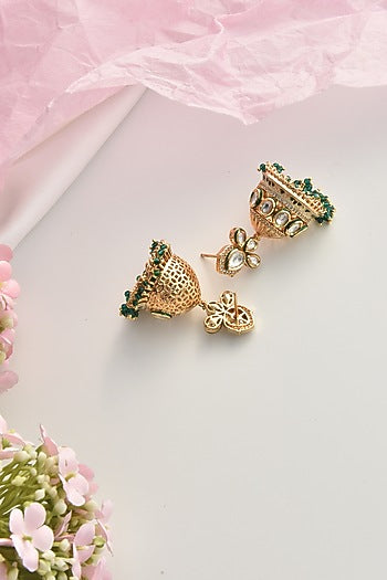 Gold Finish Green Kundan Polki Jhumka Earrings