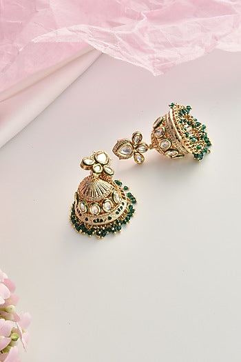 Gold Finish Green Kundan Polki Jhumka Earrings