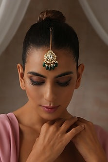 Gold Finish Green Kundan Polki Maang Tikka