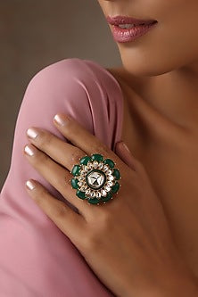 Rose Gold Finish Green Kundan Polki Ring