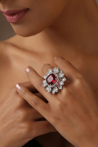 White Finish Zircon & Ruby Ring