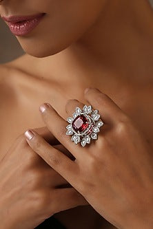 White Finish Zircon & Ruby Ring