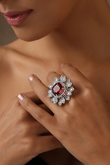 White Finish Zircon & Ruby Ring