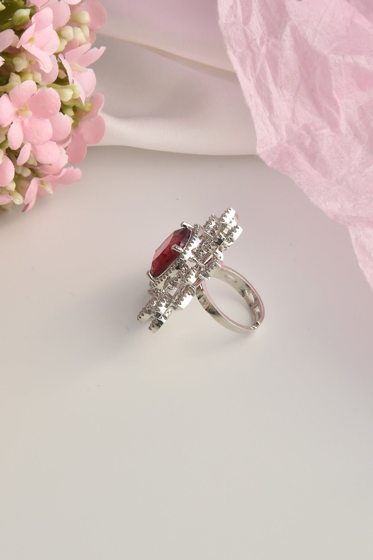 White Finish Zircon & Ruby Ring