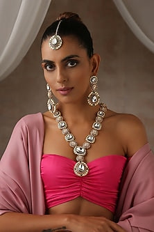 Gold Finish Multi-Colored Moissanite Polki Long Necklace Set