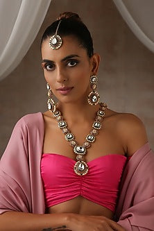 Gold Finish Multi-Colored Moissanite Polki Long Necklace Set