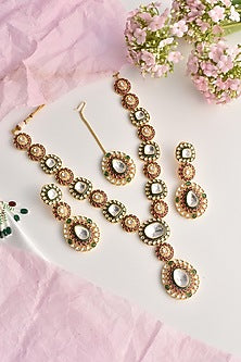Gold Finish Multi-Colored Moissanite Polki Long Necklace Set