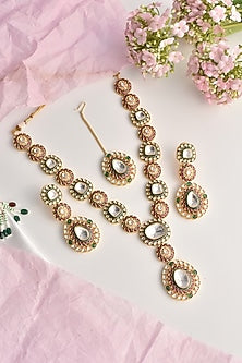 Gold Finish Multi-Colored Moissanite Polki Long Necklace Set