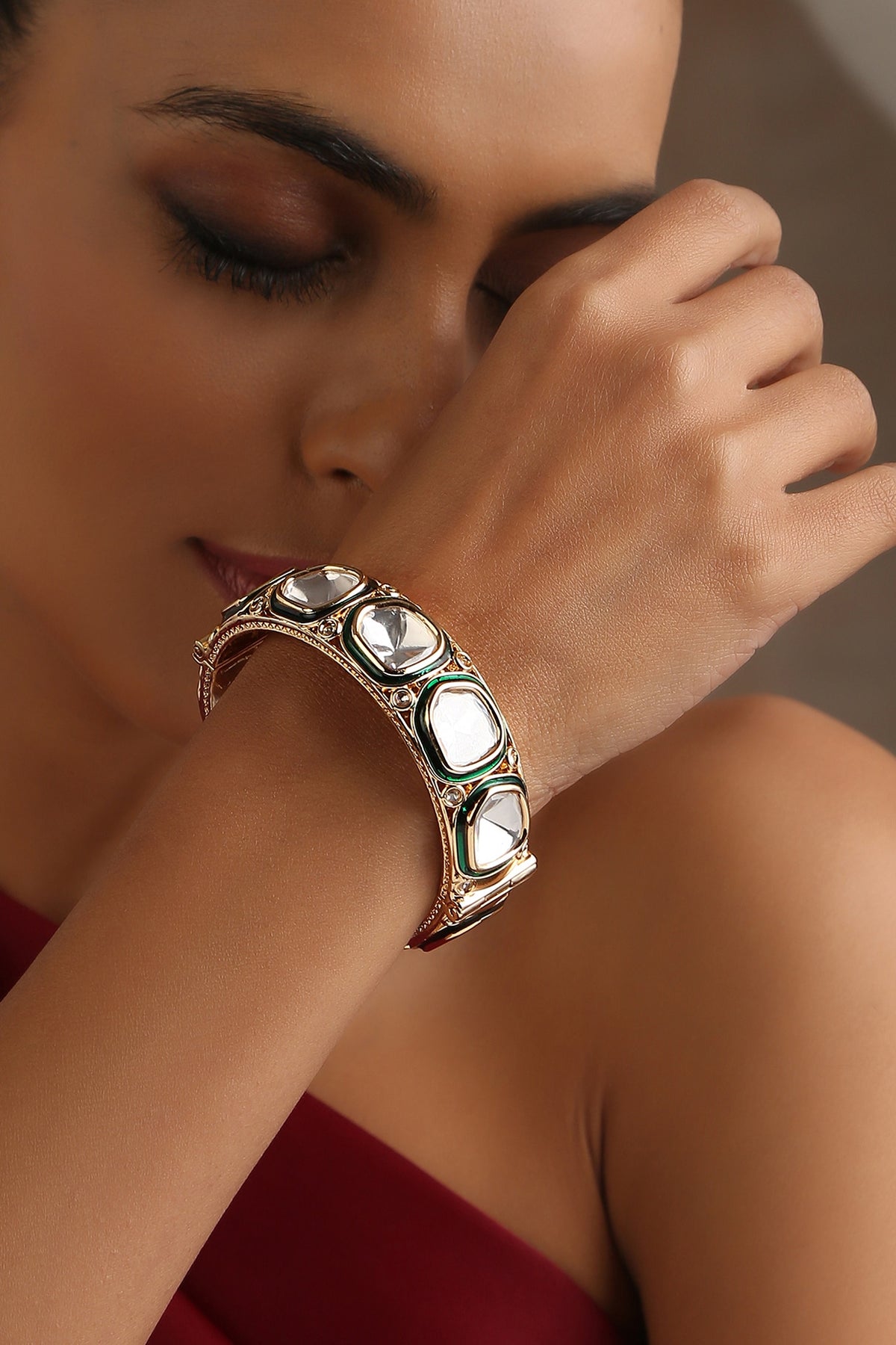 Rose Gold Finish Green Kundan Polki Kada