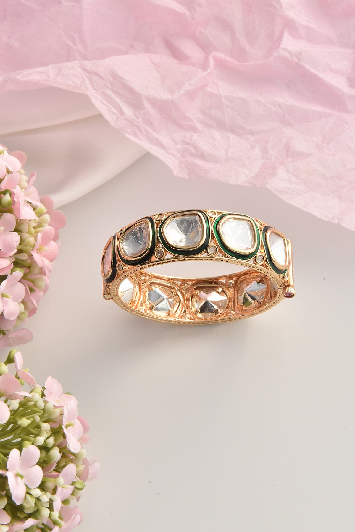 Rose Gold Finish Green Kundan Polki Kada