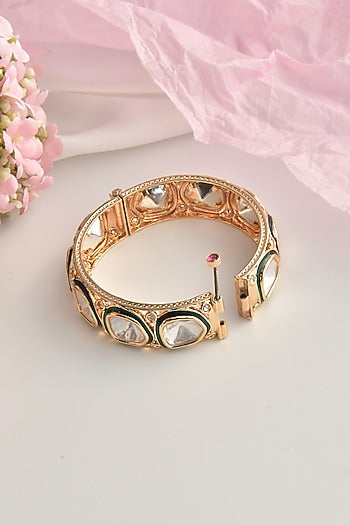 Rose Gold Finish Green Kundan Polki Kada