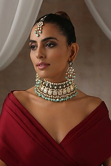 Gold Finish Mint Moissanite Polki Choker Necklace Set