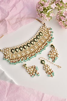 Gold Finish Mint Moissanite Polki Choker Necklace Set