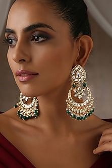 Gold Finish Green Moissanite Polki Chandbali Earrings