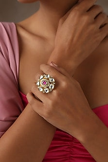 Gold Finish Red Kundan Polki Ring
