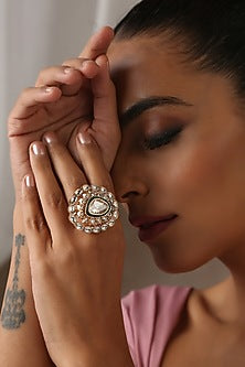 Rose Gold Finish Green Kundan Polki Ring