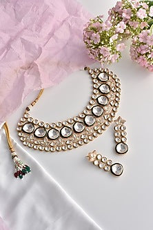 Rose Gold Finish Green Moissanite Polki Choker Necklace Set