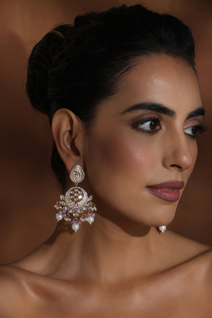 Rose Gold Finish Pink Kundan Polki Handcrafted Chandbali Earrings