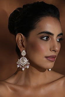 Rose Gold Finish Pink Kundan Polki Handcrafted Chandbali Earrings