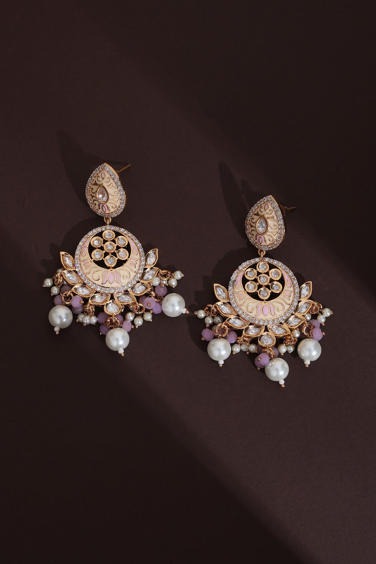 Rose Gold Finish Pink Kundan Polki Handcrafted Chandbali Earrings
