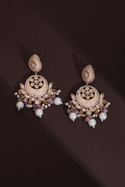 Rose Gold Finish Pink Kundan Polki Handcrafted Chandbali Earrings