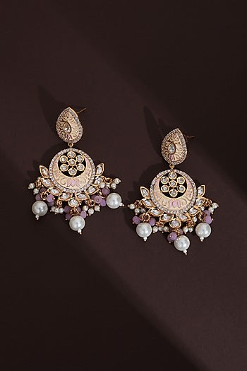 Rose Gold Finish Pink Kundan Polki Handcrafted Chandbali Earrings