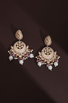 Rose Gold Finish Pink Kundan Polki Handcrafted Chandbali Earrings