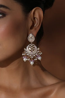 Rose Gold Finish Pink Kundan Polki Handcrafted Chandbali Earrings