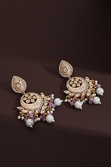 Rose Gold Finish Pink Kundan Polki Handcrafted Chandbali Earrings