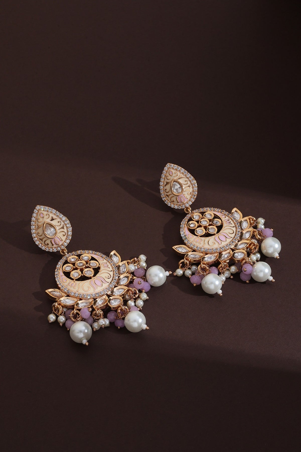 Rose Gold Finish Pink Kundan Polki Handcrafted Chandbali Earrings