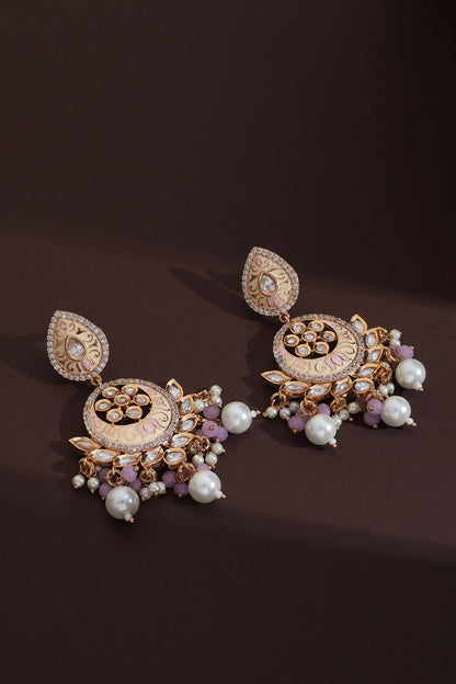 Rose Gold Finish Pink Kundan Polki Handcrafted Chandbali Earrings