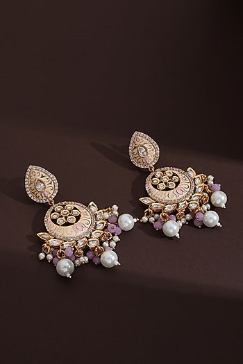 Rose Gold Finish Pink Kundan Polki Handcrafted Chandbali Earrings