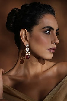 Rose Gold Finish Red Kundan Polki Handcrafted Dangler Earrings