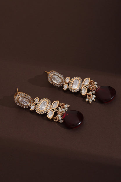 Rose Gold Finish Red Kundan Polki Handcrafted Dangler Earrings