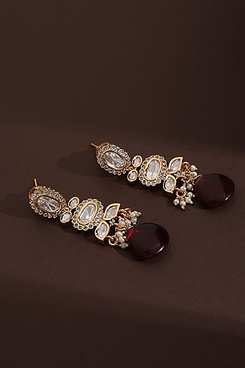 Rose Gold Finish Red Kundan Polki Handcrafted Dangler Earrings